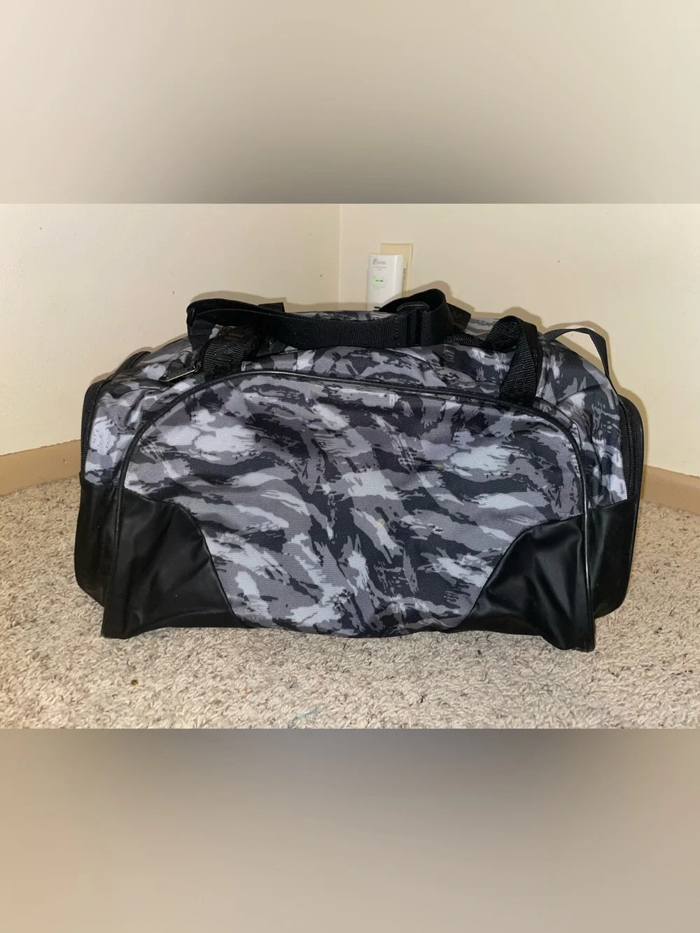 Under Armour Men’s Gray Camo Duffel Bag with Red Logo